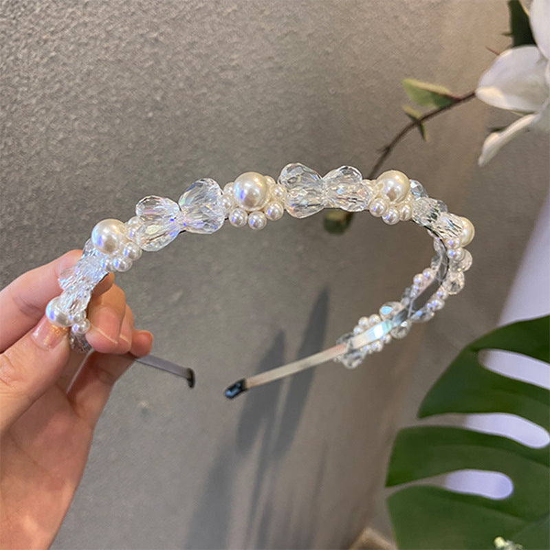 Wholesale Hand-woven imitation pearl headband wrapped headband bridal hair accessories crown bow versatile hairpin female